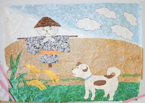 かかしと犬と田んぼの絵
