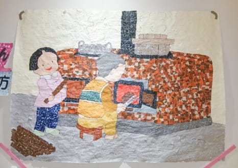 子供とおばあちゃんとかまどの絵